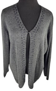 Valerie Stevens 100% Merino sz 2XL Cardigan Sweater Grey Long Sleeve Beads